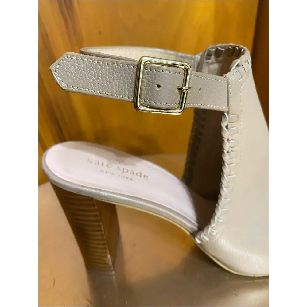 kate spade Cream Leather Peep-Toe Slingback 4” Heel Stacked Wood Block Gold
